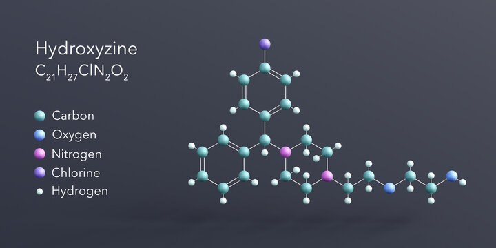 hydroxyzine molecule 3d rendering, flat molecular structure with chemical formula and atoms color coding