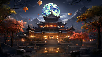 Traditional Chinese Buddhist Temple illuminated, Generative Ai