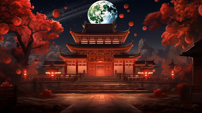 Traditional Chinese Buddhist Temple illuminated, Generative Ai