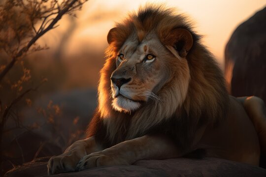 Majestic Lion Under Orange Sky AI Generated