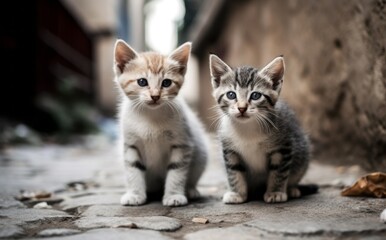 Naklejka na ściany i meble Curious Whiskers - Cute Little Kittens on a Street AI Generated