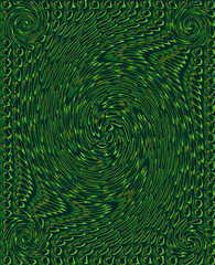 Drops of rich green and yellow, twisted into a spiral, four small spirals at the corners, psychedelic art, dynamics, fantasy, simple art, trance