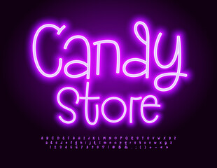 Vector glowing Signboard Candy Store. Funny electric Font. Neon handwritten Alphabet Letters and Numbers