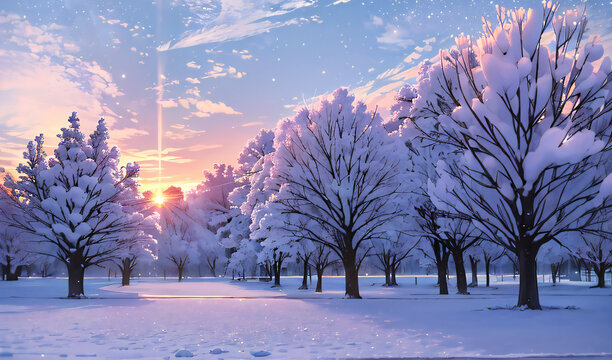 Tranquil winter landscape with frozen tree under snowy sky created with Generative AI technology