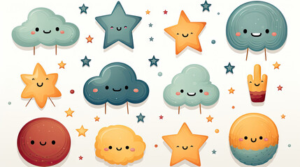 Set of cute kawaii clouds and stars. Vector illustration. Generative AI.
