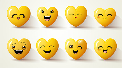 Fototapeta premium Set of cute yellow hearts with different emotions and expressions. Vector illustration. Generative AI.