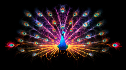 Peacock Plexus Neon Black Background Digital Desktop Wallpaper HD 4k Network Light Glowing Laser Motion Bright Abstract	 - obrazy, fototapety, plakaty