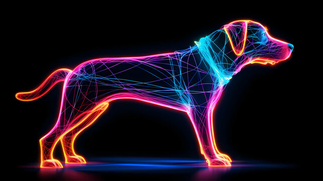 Dog Animal Plexus Neon Black Background Digital Desktop Wallpaper HD 4k Network Light Glowing Laser Motion Bright Abstract