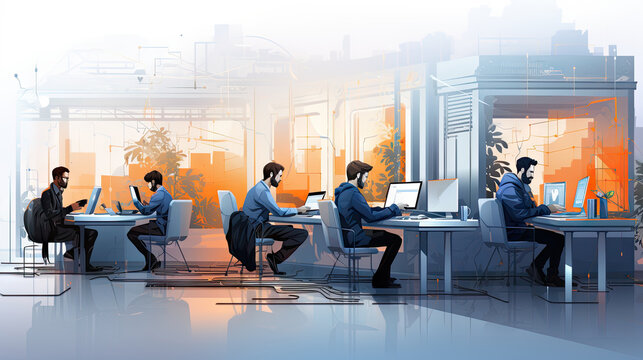 Business people using computers in modern office. Teamwork concept. Vector illustration. Generative AI.