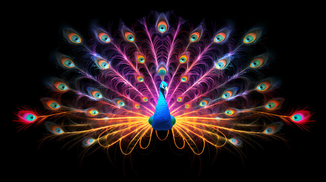 Peacock Plexus Neon Black Background Digital Desktop Wallpaper HD 4k Network Light Glowing Laser Motion Bright Abstract	