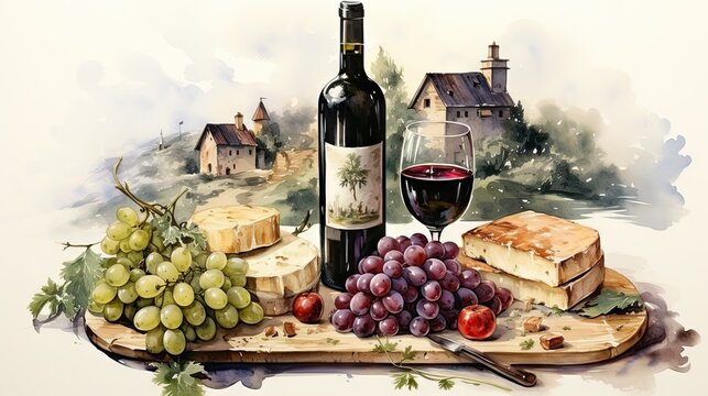 Still life with red wine, grapes, cheese and bread on a wooden board. Generative AI.