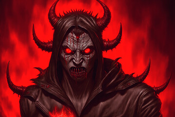 Portrait of a terrible devil with horns. Halloween. A sinister demon. Generative AI
