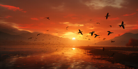 Obraz premium bird migration in autumn showing distant geese silhuettes flying