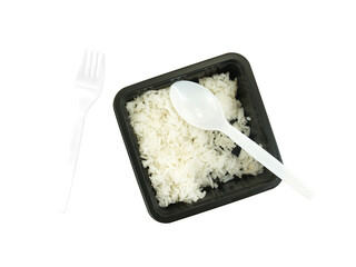 rice with plastic spoon in microwave safe containers and fork isolated on transparent