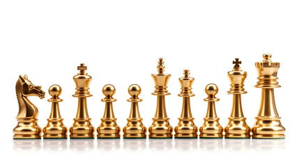 Set of luxury golden chess pieces isolated on white background. The photo of gold chess, king, rook, bishop, queen, knight, and pawn. Generated Ai