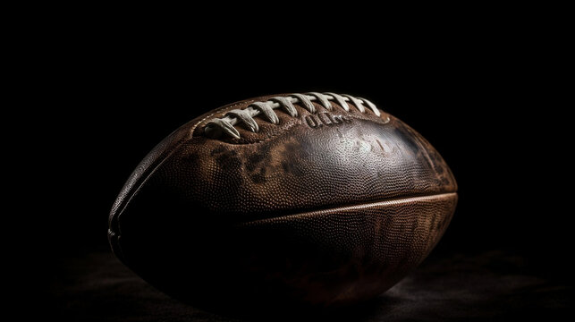 American football and sports night event concept with close up on the laces of a leather ball isolated on black background with dramatic light lit from one side and copy space for text. Generated Ai