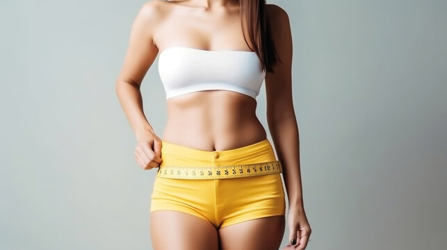 Stomach, tape measure and woman in underwear in studio for diet, detox and healthy lifestyle on white background. Tummy, size and female measuring waist, bmi and abdomen. Generated Ai