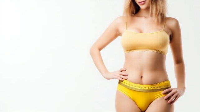 Stomach, tape measure and woman in underwear in studio for diet, detox and healthy lifestyle on white background. Tummy, size and female measuring waist, bmi and abdomen. Generated Ai