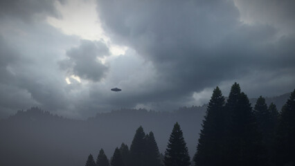 Obraz premium 3D illustration. UFO over the mountains 