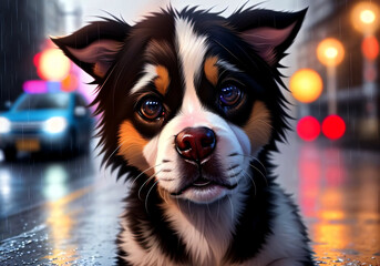 Cute dog in the rain in the city center. Generative AI.