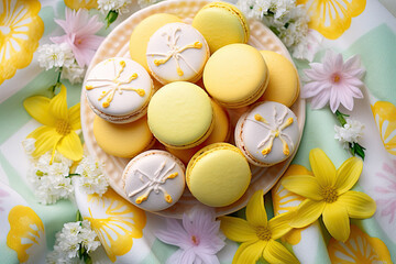 Yummy pastel summer macaroons on the plate 