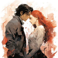 Shape illustration, couple in love, boy and girl, man and woman, dignified poses, emotional figures, disfigured forms