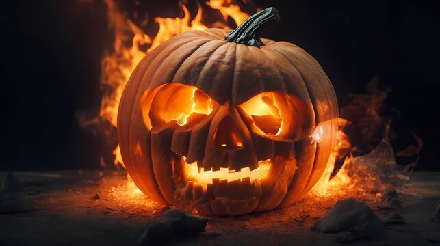 pumpkin Halloween on fire image art illustration, generative Ai art