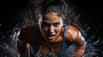 Fototapeta premium athletic woman runs powerfully action-packed through splashing water, generative AI