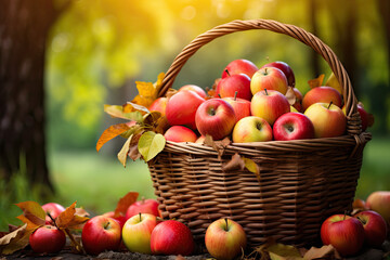 Wooden basket full of fresh apples