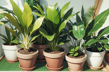 Blossoming Indoor Garden: Fresh Green Foliage in Potted Plants. Botanical beauty blooms in an indoor garden with vibrant floral blossoms created with Generative AI technology