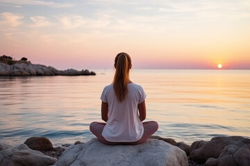 Young woman practicing yoga by the sea sunrise. Backview