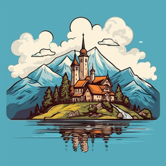 Lake Bled hand-drawn comic illustration. Lake Bled. Vector doodle style cartoon illustration © Aquir
