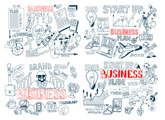 Set of Business doodles icons: computer, media, social network, web, communication, mobile; Graph, diagram, approximation, statistics; team, idea, plan, goods. Vector hand drawing illustration.