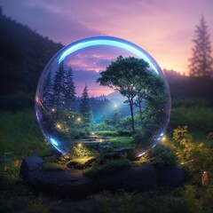 Mini Forest in an Orb sitting on a Rock in grassy meadow, AI Generated