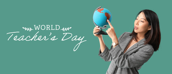 Asian woman with globe on green background. World Teacher's Day