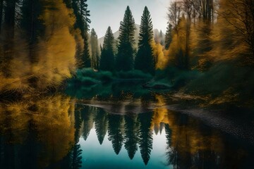 Obraz premium reflection of trees in water generated ai