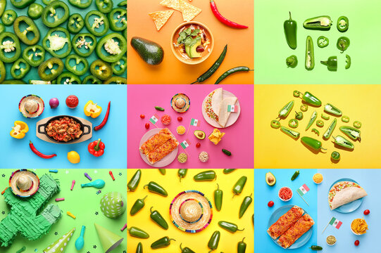 Collage of traditional Mexican food and party decor on color background, top view