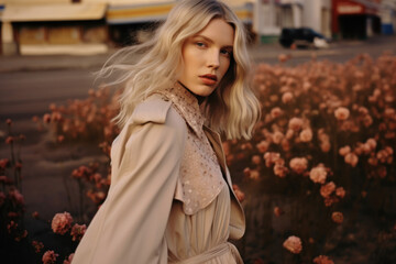 Fototapeta premium portrait of a woman/model/book character surrounded by flowers in daylight with a thoughtful expression in a fashion/beauty editorial magazine style film photography look - generative ai art