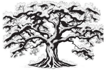 Old sketch oak tree hand drawn in vintage sketch style. Pedigree template design. isolated on white background. - obrazy, fototapety, plakaty