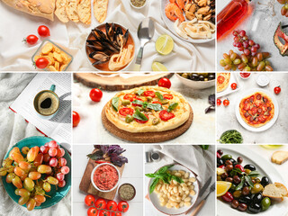 Collage of traditional Italian food on light background