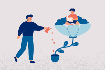 Father is engaged in the upbringing and development of his son. Small boy sits on the big flower and parent is watering this plant. Child care and education concept. Family relationship and bonds