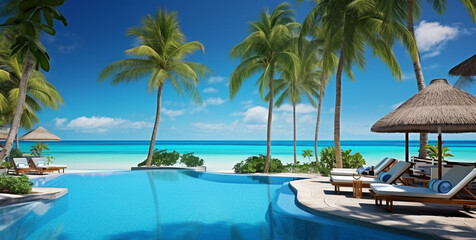 Fototapeta premium Luxurious swimming pool and loungers umbrellas near beach and sea with palm trees and blue sky