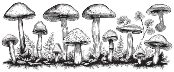 Hand drawn mushrooms in sketch style. Sketches of edible mushrooms. fungal protein. Vector illustrations for packaging, menu, banner - obrazy, fototapety, plakaty