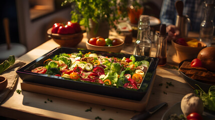 Gemüseauflauf auf einem Dekoriertem Tisch bei Schöner Beleuchtung Generative Ai