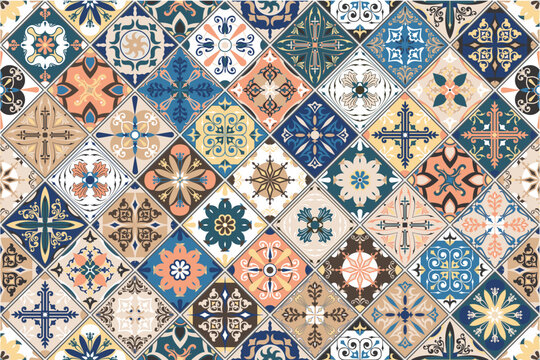 Collection of ceramic tiles in turkish style. Seamless colorful patchwork from Azulejo tiles. Portuguese and Spain decor. Islam, Arabic, Indian, Ottoman motif. Vector Hand drawn background