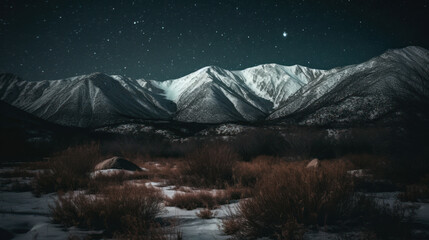 Stars over a snow covered mountains.