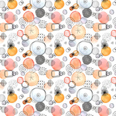 Trendy memphis orange watercolor pink balls and stains Black Line Art Hand painted on white background. Minimal geometric design template. Modern color wallpaper print backdrop. Light effect poster