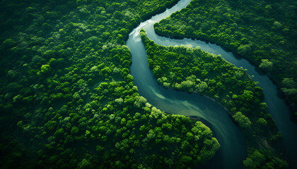 An Aerial View Of The Amazon River Deep Within The Rainforest - obrazy, fototapety, plakaty