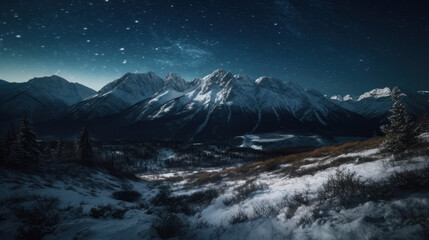 Stars over a snow covered mountains.