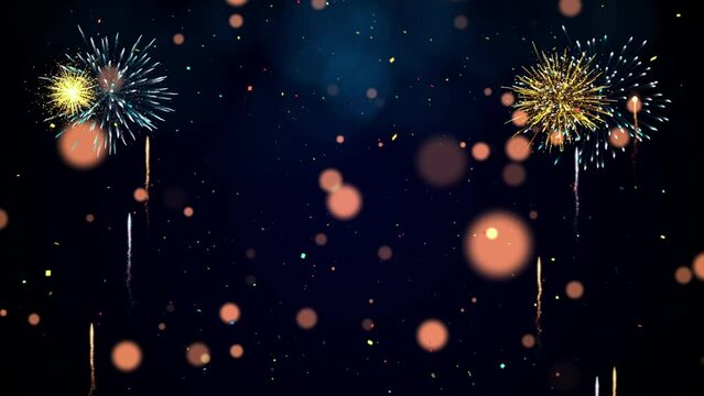 Happy new year 2025 Celebration concept for text. Slow motion bokeh particle confetti and sparkling fireworks on dark background.